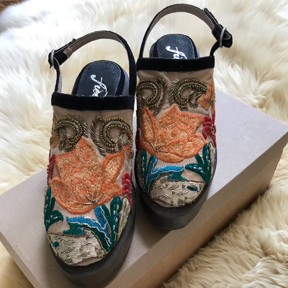 Free People Embroidered Multicolor Platform Mules